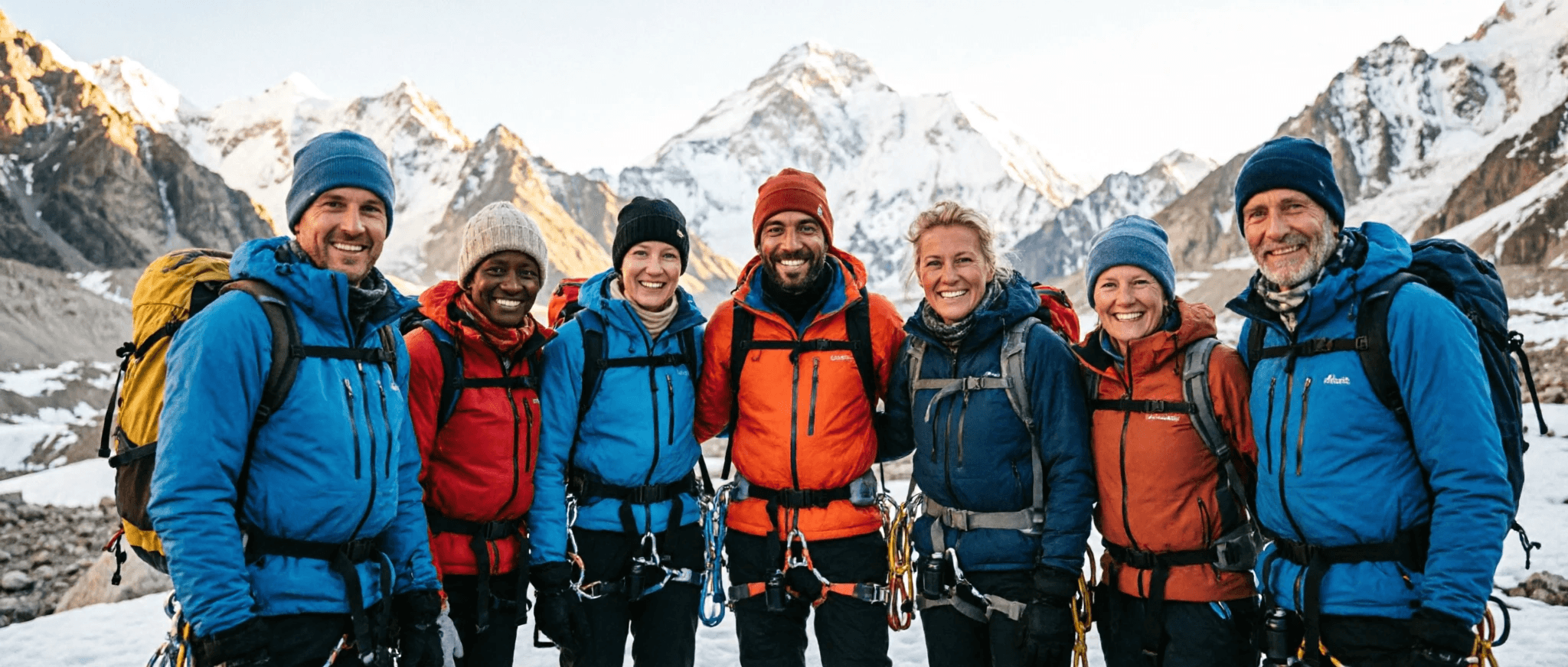 Diverse group of climbers at mountain base camp